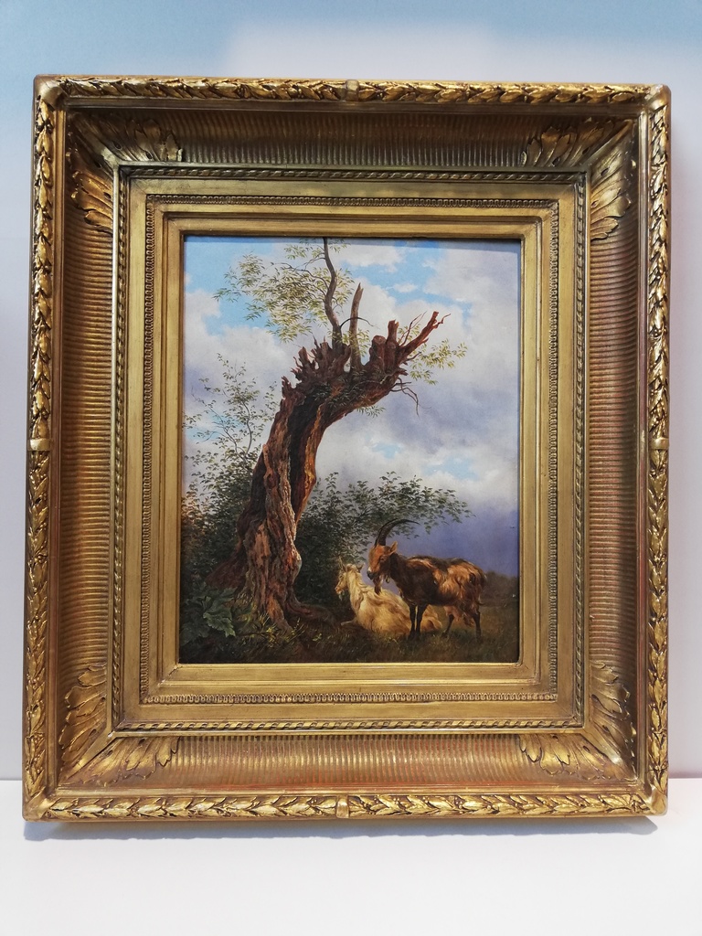 Biedermeier Ölgemälde ,, Geis und Steinbock unterm knorrigem Baum ,,