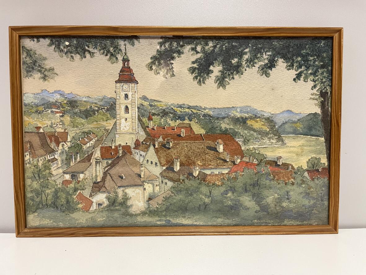 Landschaft mit Dorf in Österreich (?),  Aquarell sign. Steininger 