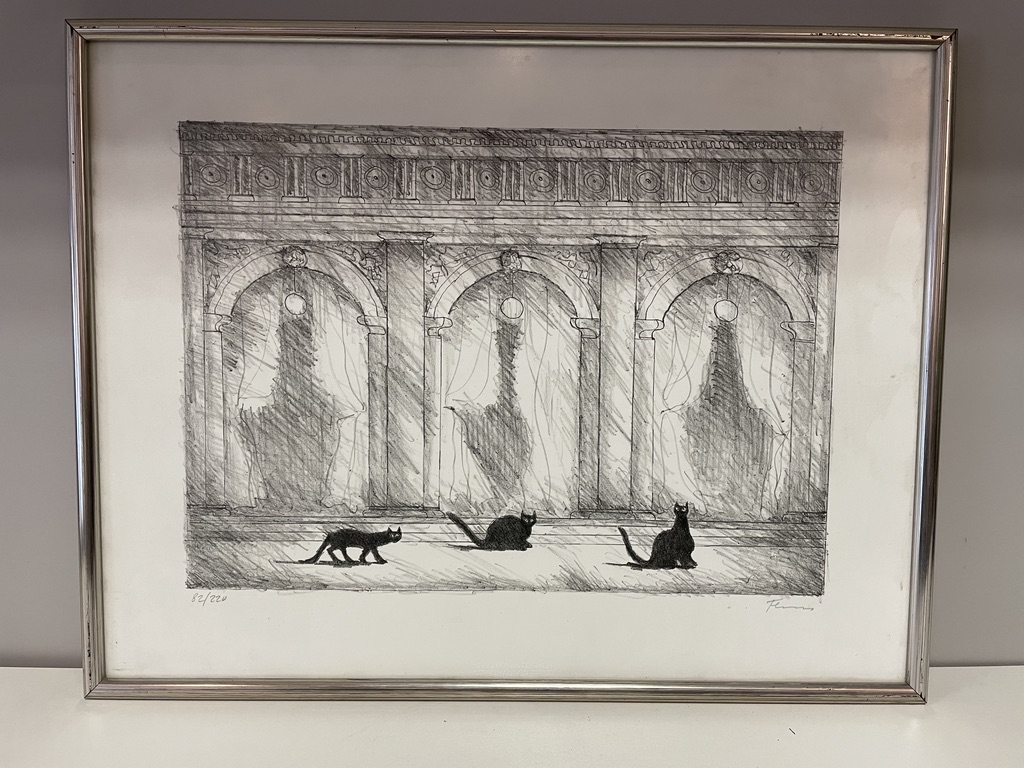 Paul Flora, 3 Katzen vor Bogenarchitektur, Lithographie?, Nr. 82 von 220